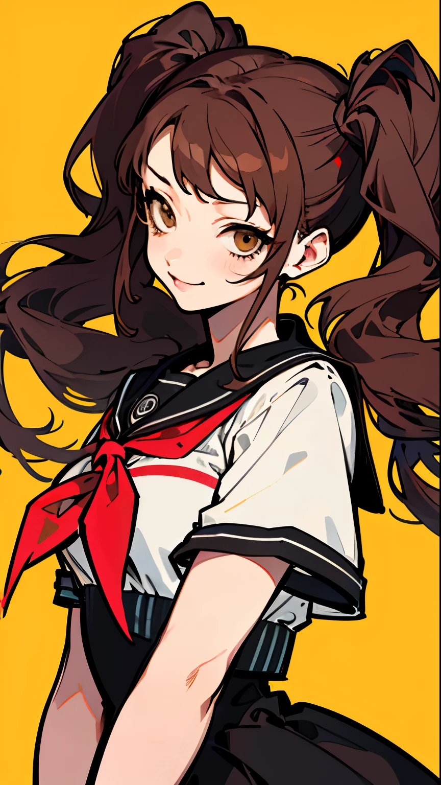 High resolution, 8K, best illustrations, beautiful details、highest quality, mature woman、((Rise Kujikawa、twin tails))brown hair、brown eyes、(high school girl、school uniform)a ferocious look、vulgar smile、cool look、whole body