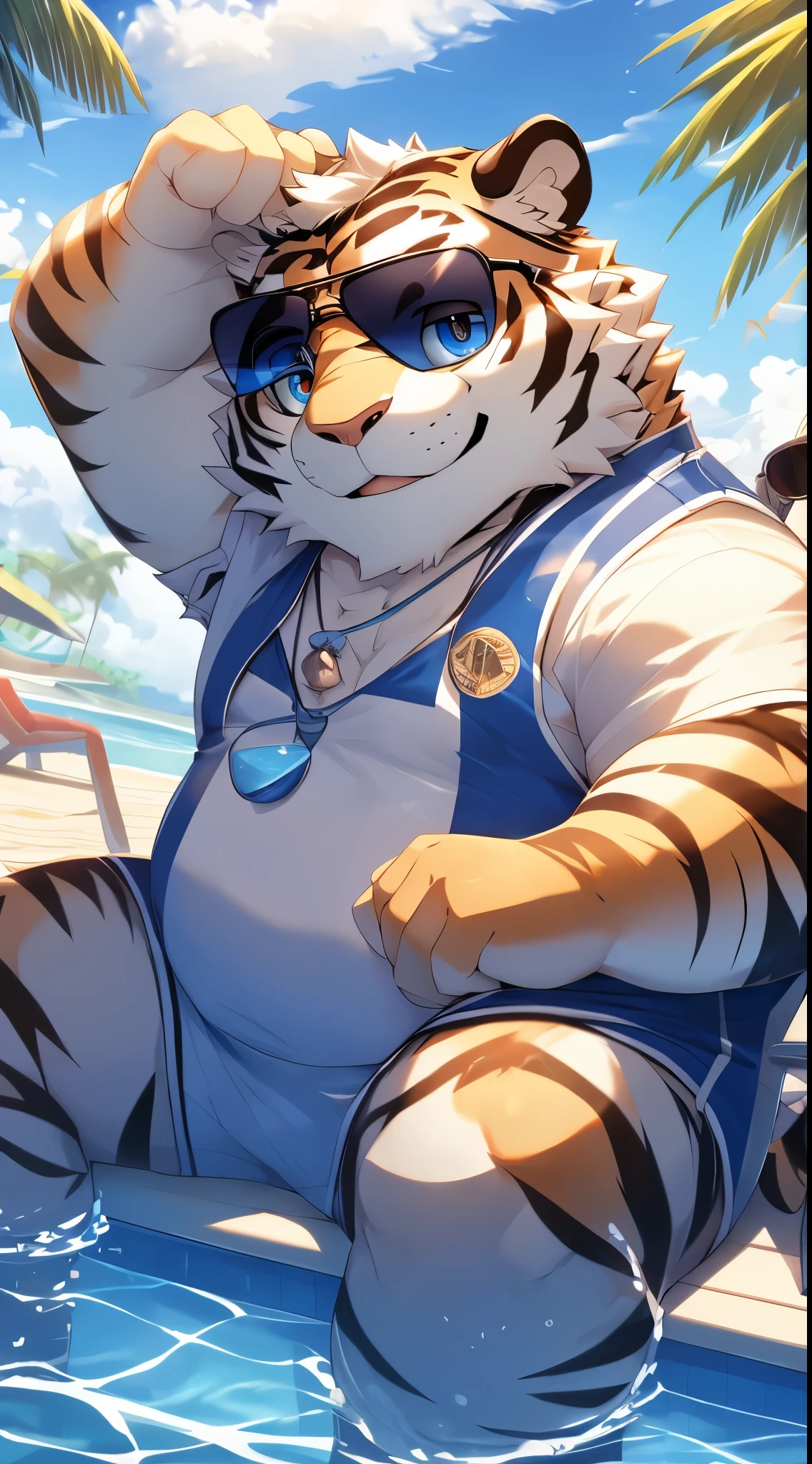 Hominidae, Pose for Camera. 4K, high resolution, Best quality, posted on e621, (Solo:1.2), Anthropomorphic tiger, male people, 20yr old, Thick eyebrows, Light blue stripes, Fat body, large pecs, ((Naked)), A white bath towel is wrapped around the body from the waist down, medium bulge, Pink milk clusters, Recline in natural hot springs, Partially submerged, spread thighs, stretched action, (sport, Muscular, Heavyweight:1.2), Correct anatomy, (White background, Watercolor background:1.1), (by Chunie, author:Taran Fidler:0.8), (Detailed eyes:1.2), Sexy, (cel-shaded:1.2), cartoon shading, (aquarelle:1.2), (Fluffy tail:1.2), Smile, Serious eyes, (view the viewer:1.2), Bright eyes, Front view