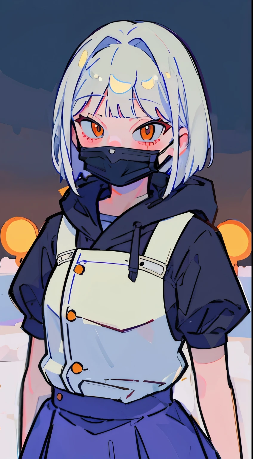 (masterpiece, best quality, highres:1.2), 4girls, large breasts, age, father and daughter, winter, snow, ferris wheel, portrait, bob cut, white hair, bangs, hair over eyes, orange eyes, half-closed eyes, ambling, ninja, katana, kunai, mask, skirt up, funny, smile, laughing, open mouth, from forward, upper body, looking up, big eyes:1.5