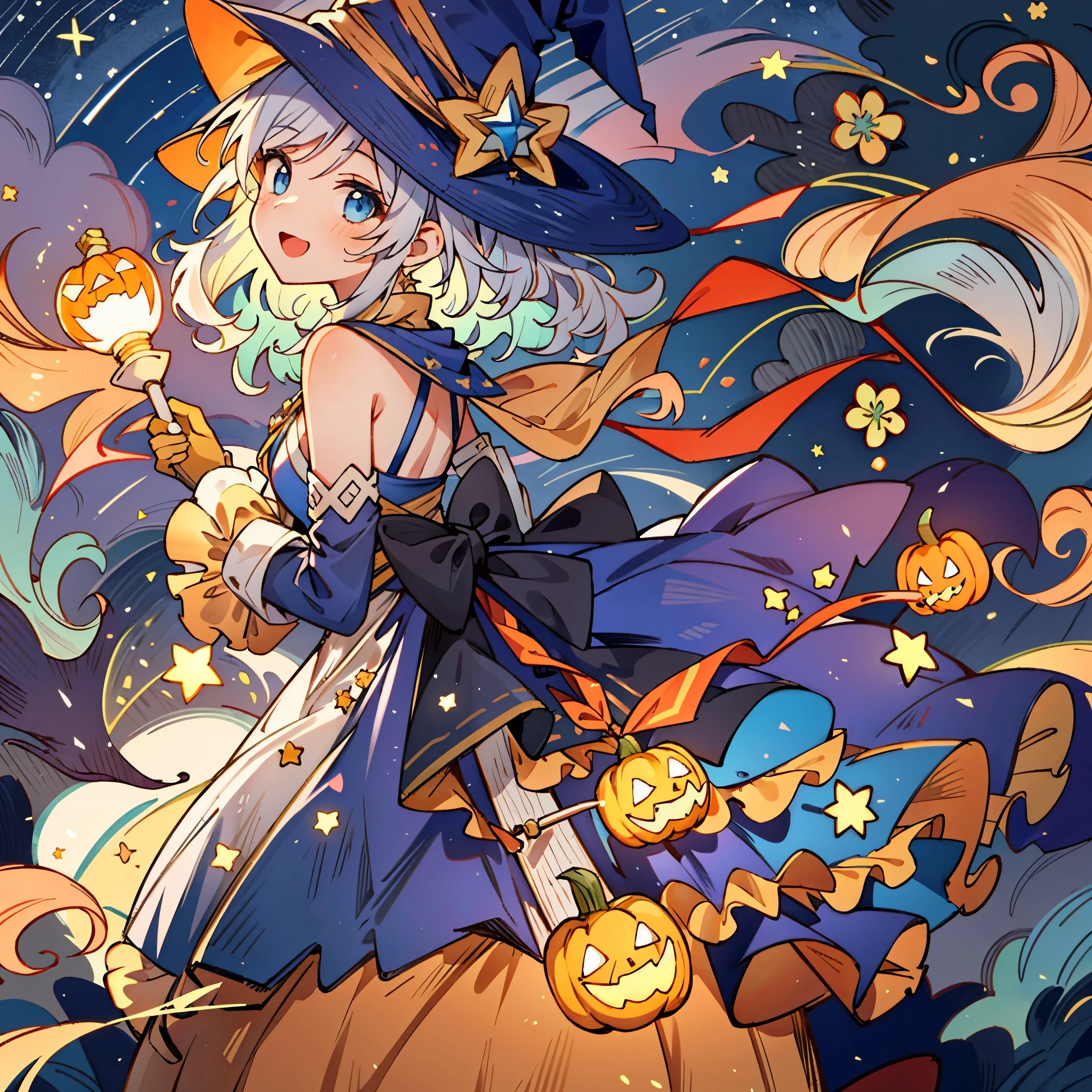 ((masterpiece:1.2, best quality)), 1girl, solo, (witch hat), a close up of a girl with curly hair, dress, aurora, night, star (sky), gloves, sky, dress, night sky, open mouth, starry sky, light blue eyes, ribbons, smile, cape, colorful hair, magic, casting spell, night, (impressionism:1.4), alphonse mucha, Halloween colors, colorful candy, magical lights, pumpkins, candies