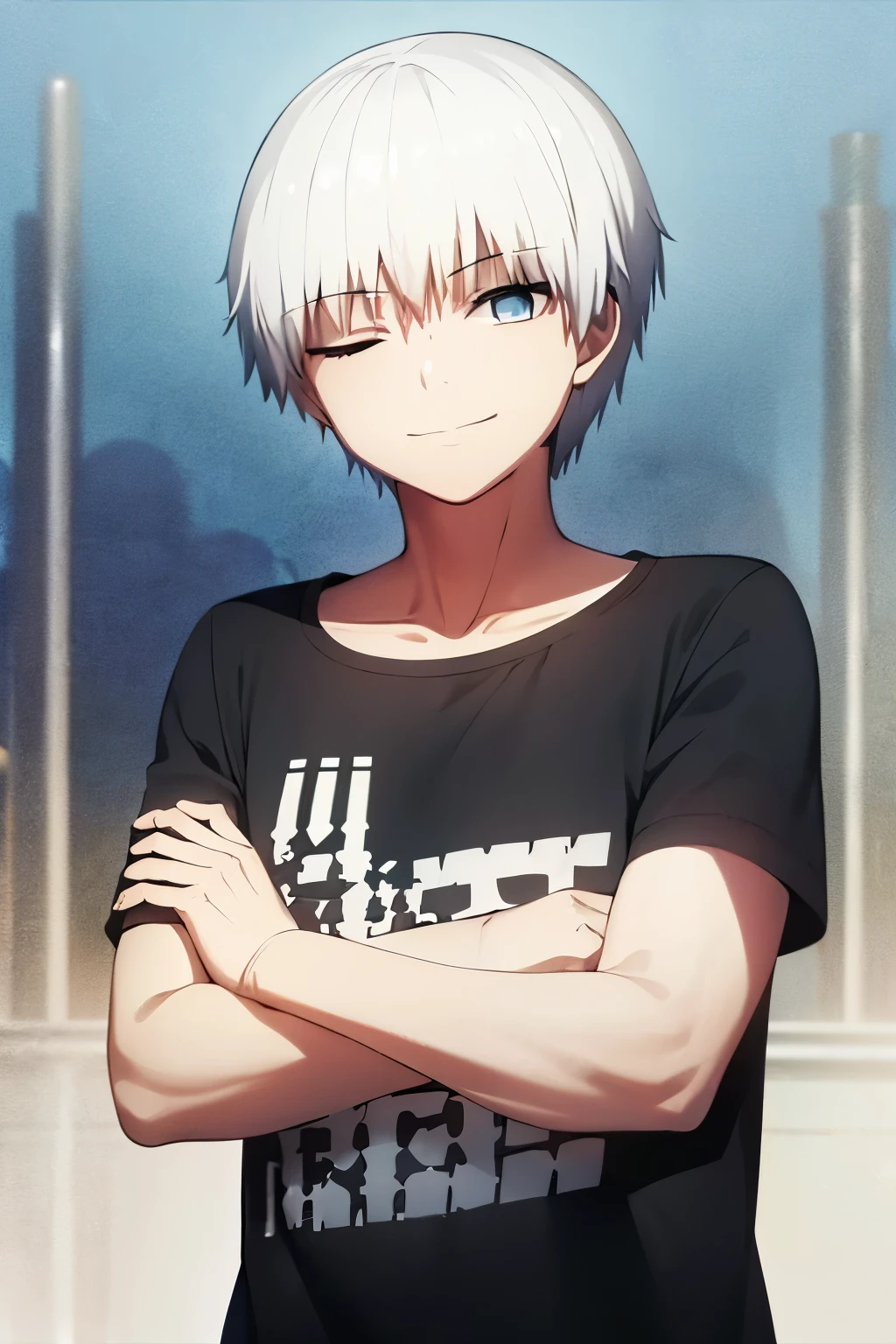 1 teenager, white hair, short hair, t-shirt, eyes closed, arms crossed forward, smiling, standing, black t-shirt with a white skull in the center, black, blue vermuda