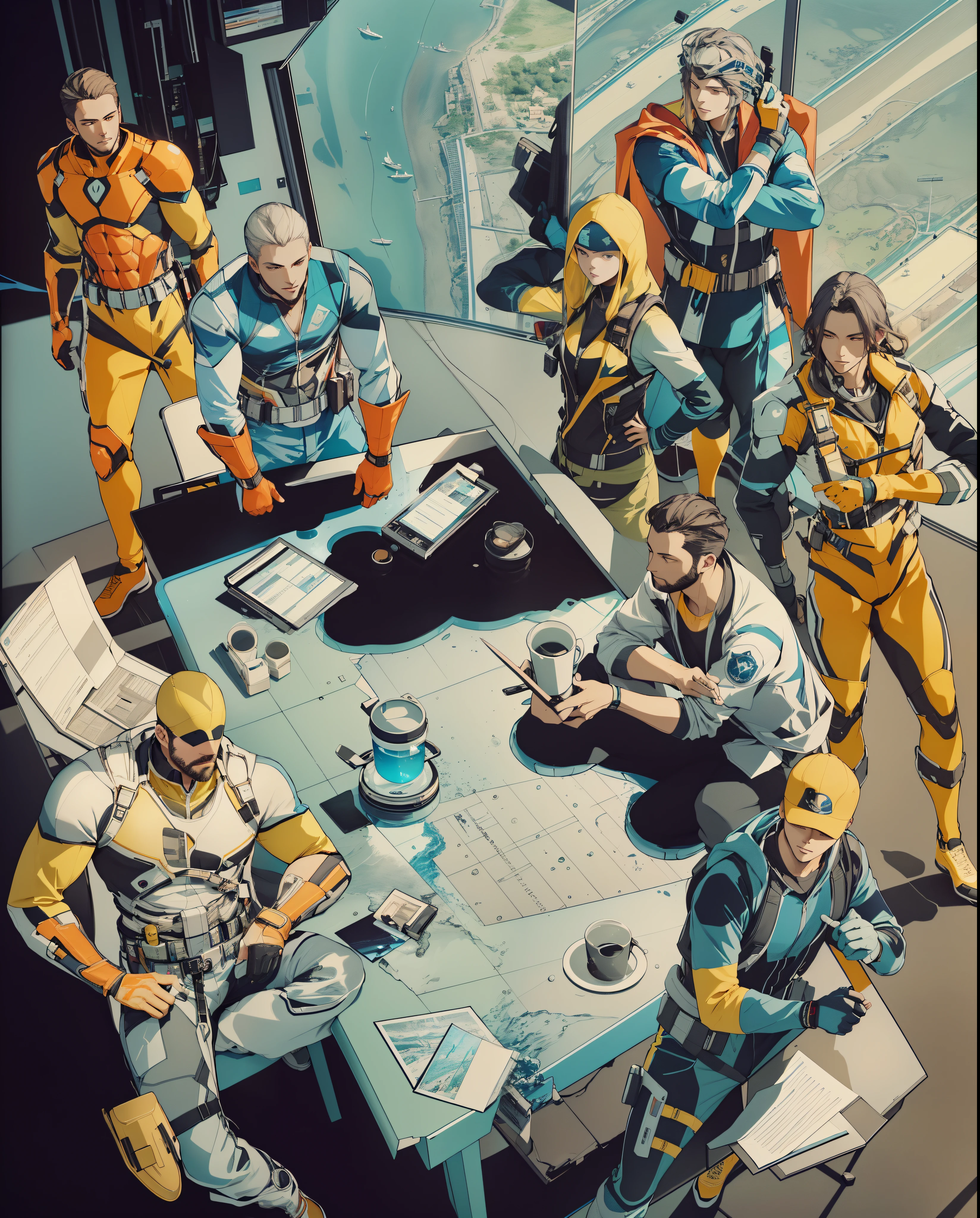 Capture the breathtaking moment as a league of superheros meet to discuss important business. This RAW masterpiece showcases an ultra-high resolution, photorealistic full-body portrait, illuminated by the warm glow of sunlight. The scene is rendered in the captivating style of mecha sci-fi anime, boasting an impressive 8K resolution for the best quality imagery. Crafted with Unreal Engine 1.4, this piece features ultra-realistic 64K CG, skin texture at 1.4, and volumetric fog to add depth and atmosphere. The details are further enhanced with 8K UHD, DSLR quality, film grain, and the artistic touch of lomography. The result is a stunning blend of high-quality visuals, translucent effects, and photorealism that truly captivates the viewer.