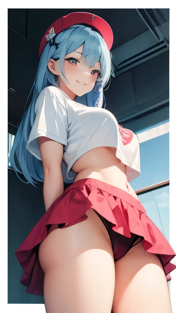 masterpiece、highest quality、High resolution、bright lighting、1girl、very young girl、heart shaped pupils、light blue hair、(evil grin)、plump thighs、(perfect feet)、(CFMN), ((femdom)), panties、mini skirt、erect pink nipples, T-shirt, small breasts, perfect hands、Seduce in a sexy and cute way、standing、(((angle from below)))、脱衣所でpantiesを脱ぎかけています、