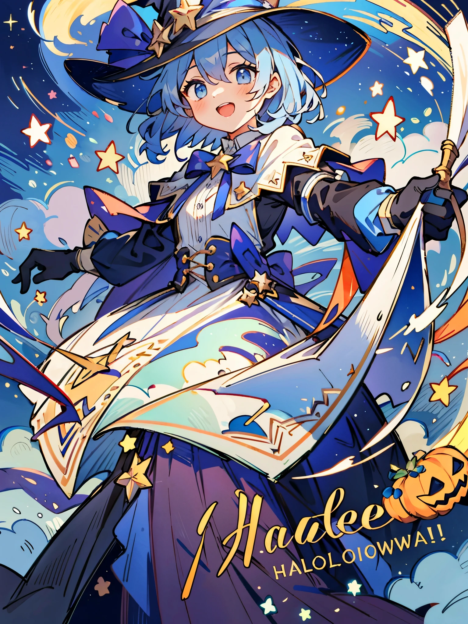 ((masterpiece:1.2, best quality)), 1girl, solo, (witch hat), a close up of a girl with curl hair, short hair, dress, aurora, night, star (sky), gloves, sky, dress, night sky, open mouth, starry sky, light blue eyes, ribbons, smile, cape, blue hair, magic, casting spell, night, (impressionism:1.4), alphonse mucha, Halloween colors, colorful candy