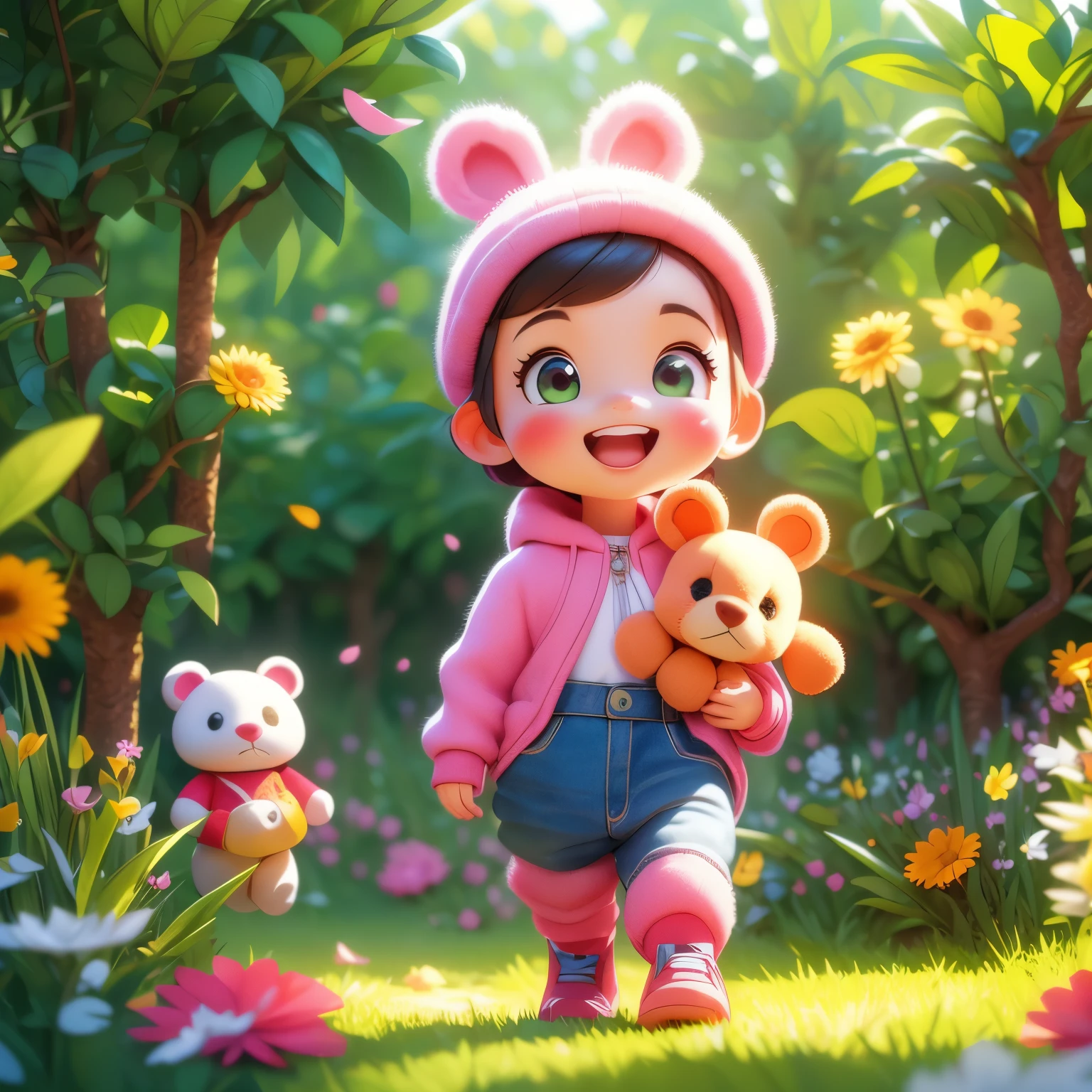 (best quality,4k,8k,highres,masterpiece:1.2),ultra-detailed,(realistic,photorealistic,photo-realistic:1.37),Illustration,Octane Render,morning park,a  walking with a teddy bear, the girl has a bun hairstyle and a smiling face, vibrant colors, soft sunlight, beautiful flowers, green grass, playful atmosphere, peaceful environment,detailed textures, vibrant colors, cute teddy bear outfit, joyful expression
