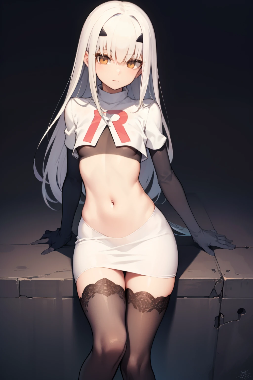 melusine, melusine, (brown eyes:1.5), long hair, white hair, sidelocks, (small breast:1.2),
BREAK team rocket,team rocket uniform,white skirt,red letter R,crop top,black thigh-highs,black elbow gloves,
BREAK looking at viewer,
BREAK (masterpiece:1.2), best quality, high resolution, unity 8k wallpaper, (illustration:0.8), (beautiful detailed eyes:1.6), extremely detailed face, perfect lighting, extremely detailed CG, (perfect hands, perfect anatomy),