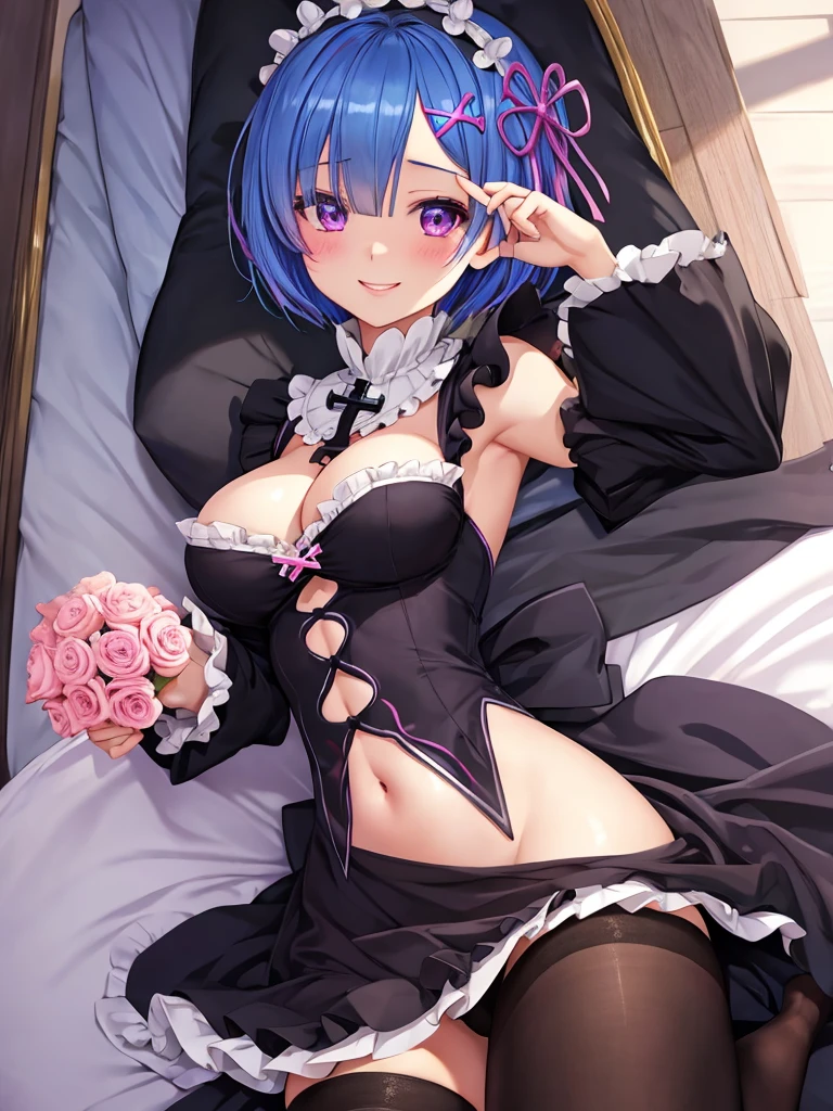 masterpiece, best quality, ultra detailed,Rem,Re:zero,blue hair,short hair,big breasts,Maid clothes,gothicロリータ服,((cross))、stomach,belly button,black straight、Hair Inner Hair Color Pink、masturbation、Sexy、Glamour、Gothic ta, smile、Sexyメッシュ、solo、glamorous、light、gothic、Pitiful、17 yck knee high socks、garter、pantyhose、please be shy、blushing、Bewitching、beautiful girl、beautiful woman、obedience、ripen、invite、adultery、spoiled、masturbation、spoiled、lonely、Bewitching、smile、kind、Benevolent look、Require、Thoracic、all、smile、
