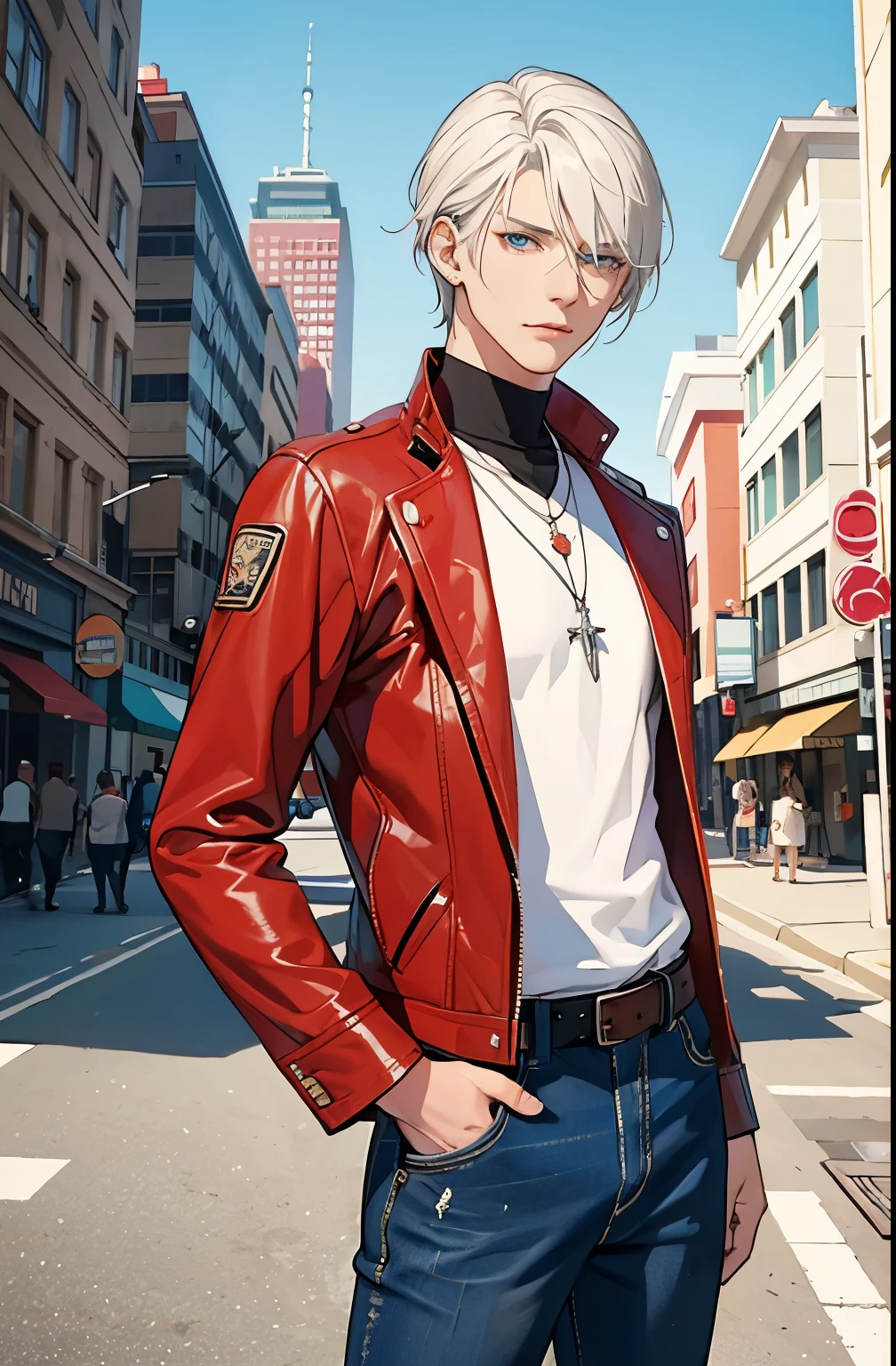 Male Focus, 1 boy, 20 years old, solo, white hair, realistic, cowboy shooting, gojou satoru, red leather jacket, jeans, blue eyes, earrings, necklace, long sleeves, jacket, high collar, bangs, closed mouth, short hair, low head, half closed eyes, street, city skyline