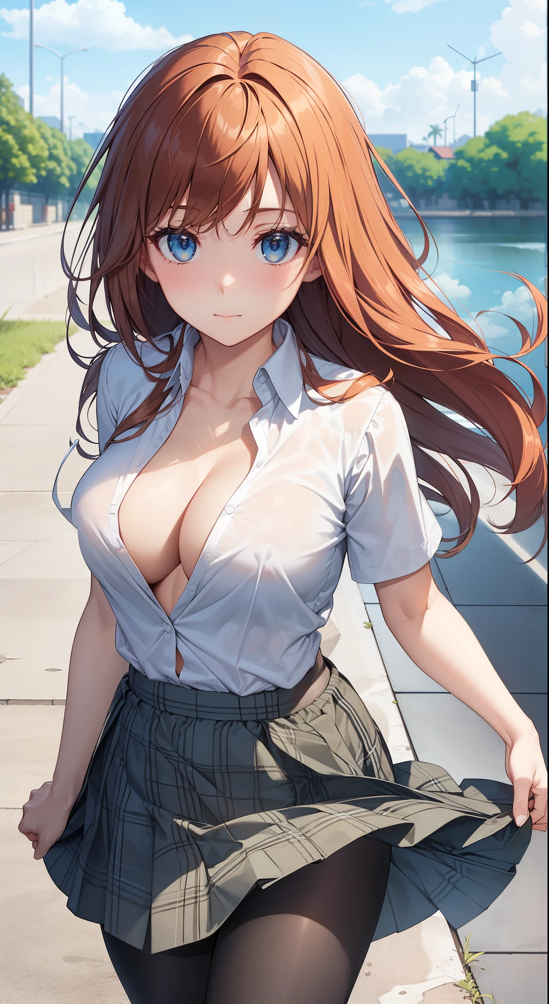 The upper part of the shirt is open,exposing her chest