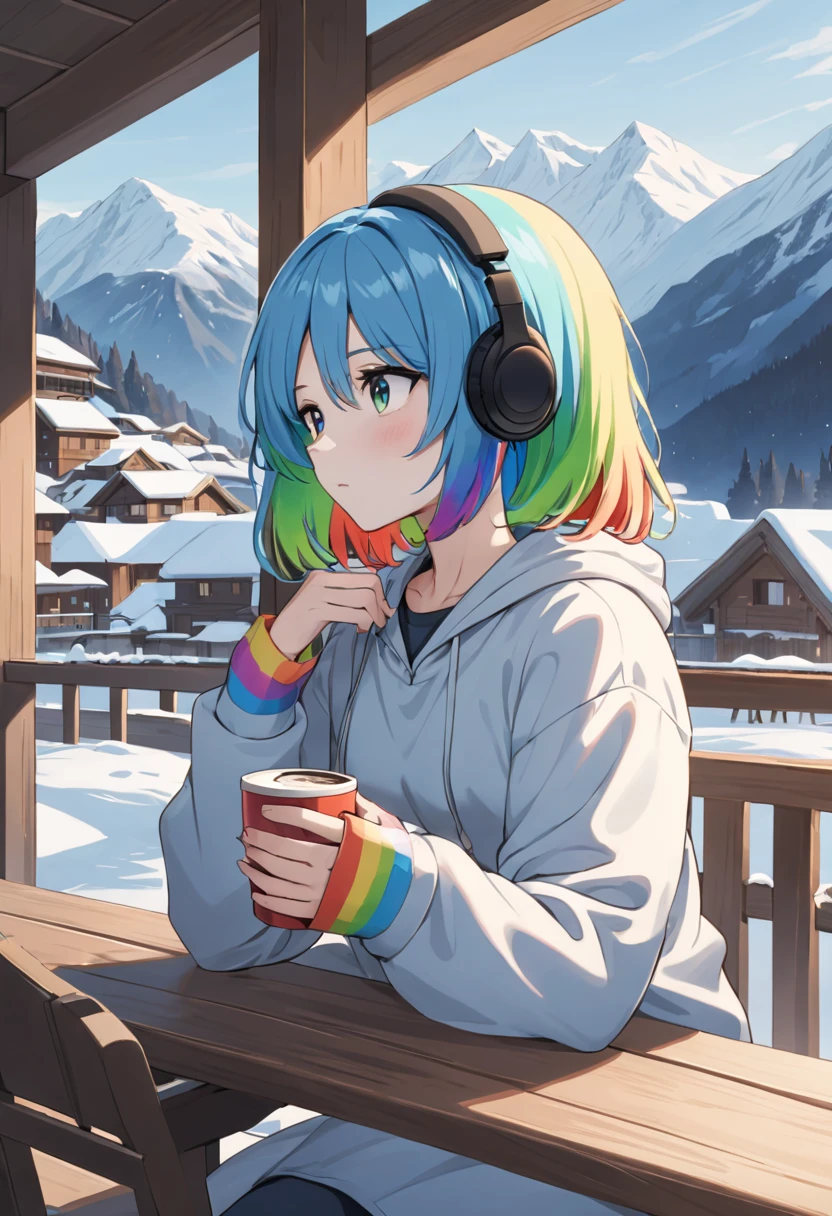 A young woman with tied-up colored hair and eyes resembling a rainbow, listening to calm music on headphones, holding a cup of coffee, dressed in cold weather clothing, in a chalet at the base of a mountain. An image that inspires calmness, tranquility, lightness, simplicity, and comfort.