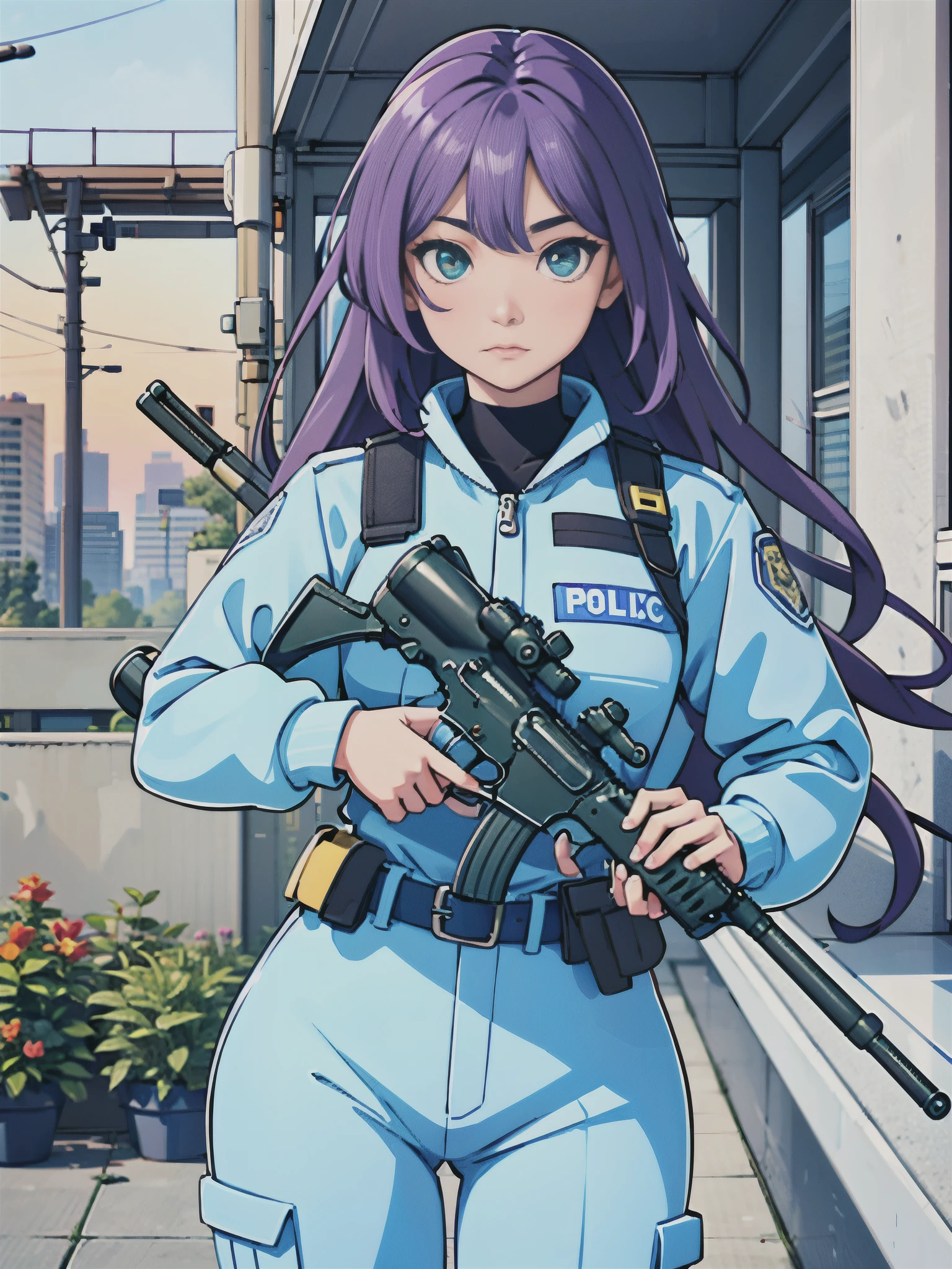 (((pixel-perfect, detail-perfect))), 1girl, solo focus, canadian police officer, SWAT uniform, SWAT gear, pants, (purple hair, long hair, green eyes), (using gun, m4 carbine), in front of a patrol cruiser, toronto city backdrop, cowboy shot, sunset, pixel-perfect, detail-perfect, curious look on her face, ultra highres, absurdres, beautiful face, detailed eyes, symmetric eyes, perfect body, good proportions, adetailer