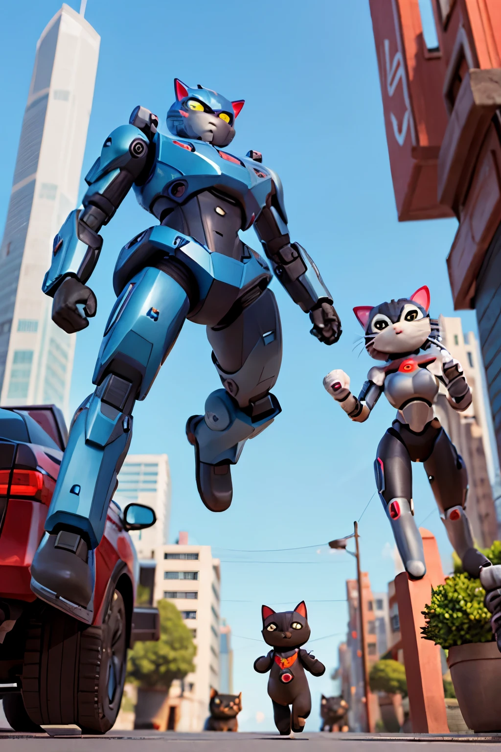 a team of half-robot cats in a futuristic city