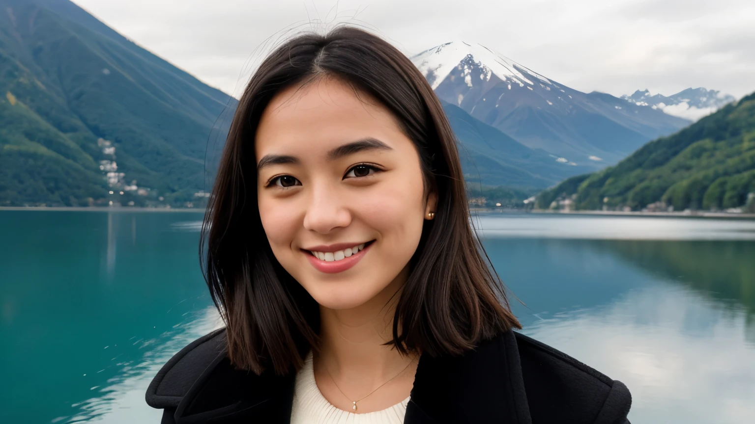 Instagram pictures, French Girl, Shoulder length hair, black hair, Close-up photo, coat, The background is Fuji.., Lake Kawaguchi, smile a little,