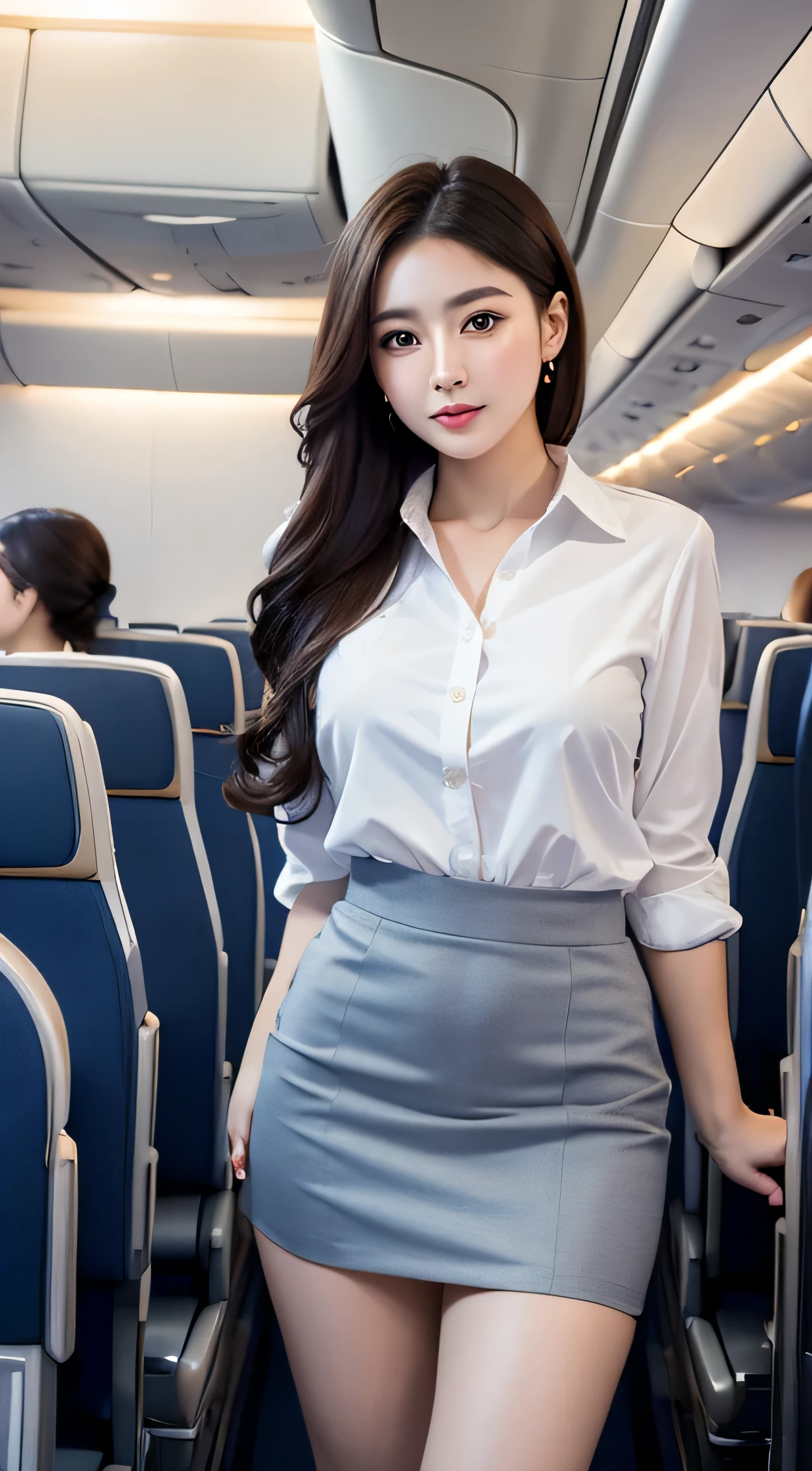 top quality, ​Masterpiece, 8k, ultra high resolution, (realism:1.4), 1 girl in、pretty face、symmetrical eyes、huge 、perfect body proportions、Airline stewardess、look at the audience、(inside the plane:1.2)、Front view、Shoulder、absolute area(1.3)、mini skirt、