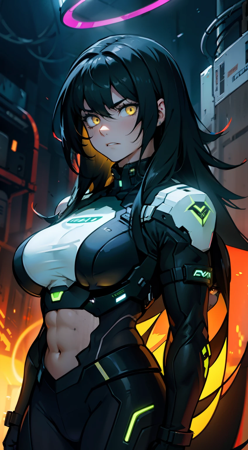 sad pale muscular girl massive breasts hair black hair yellow eyes extremely long hair sad neon dark atmosphere glow blurry glowing halo neon dark atmosphere glow blurry glowing halo