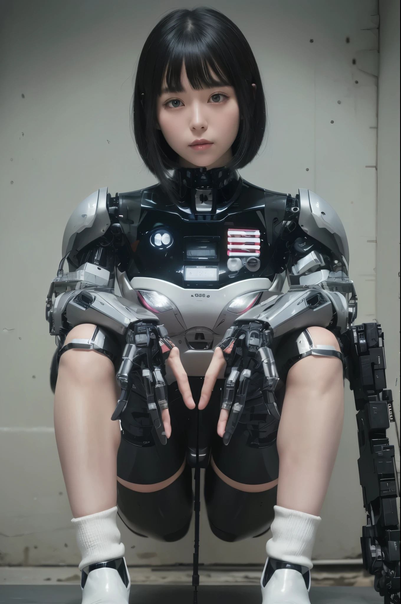 masterpiece, best quality, extremely detailed, (8K, 4K, Best Quality, hight resolution, 超A high resolution:1.1), (masutepiece, Realistic, Photorealsitic:1.1)Japanese android woman,Plump , announcer,control panels,activate,Squat,android,droid,Mechanical Hand,Robot arms and legs, Black Robot Parts,black hair,darkblack knee high socks,black sponge joints,blunt bangs,white robot body,ceramic body,jockey boots,perfect cyborg girl,