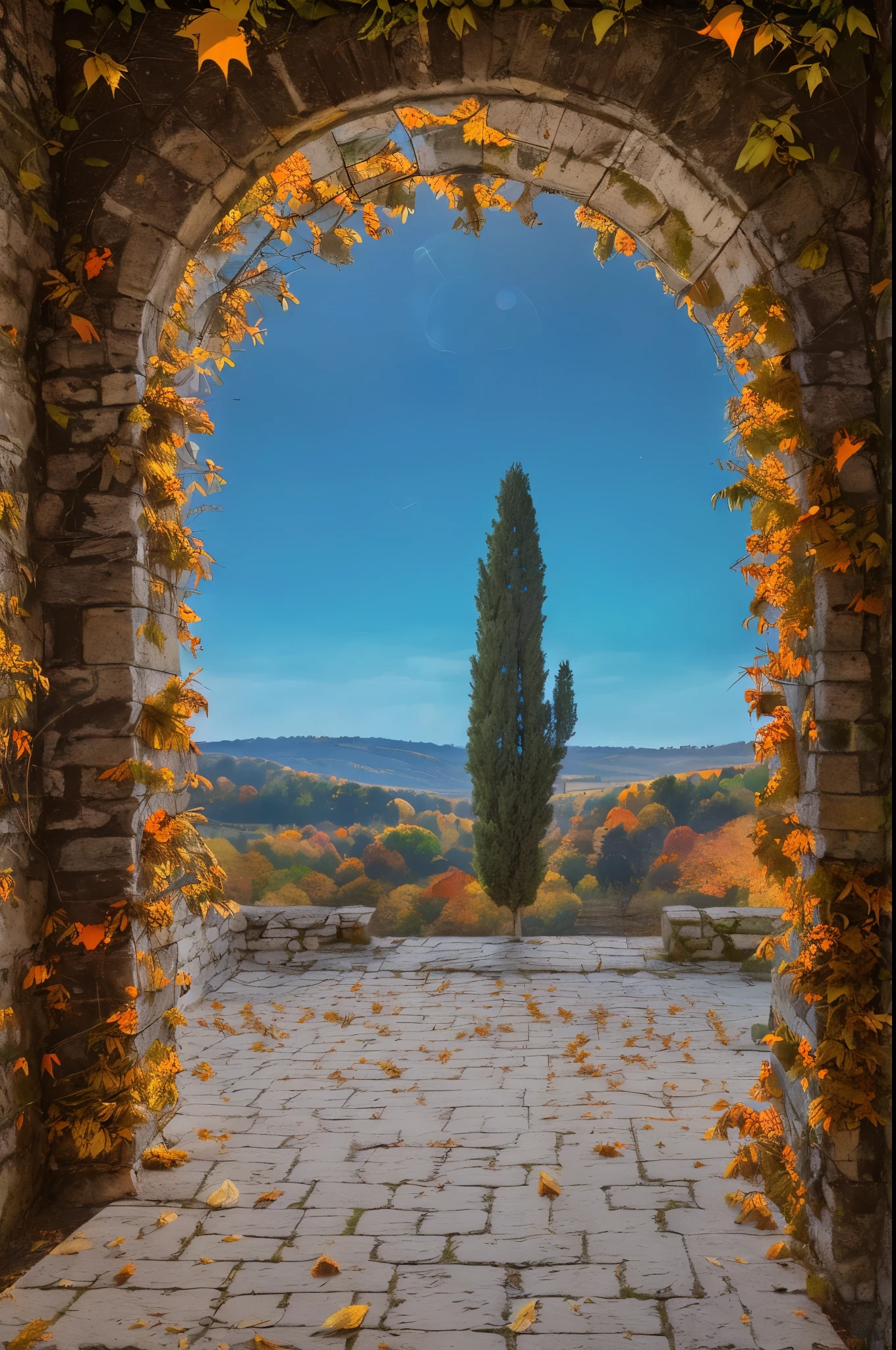 A view of the countryside seen through a stone arc, medieval ambient, (medieval era: 1.2), balanced light, (autumn: 1.3), (yellow leaves: 1.3), (orange tones: 1.5), warm color balance, cypress tree, italy