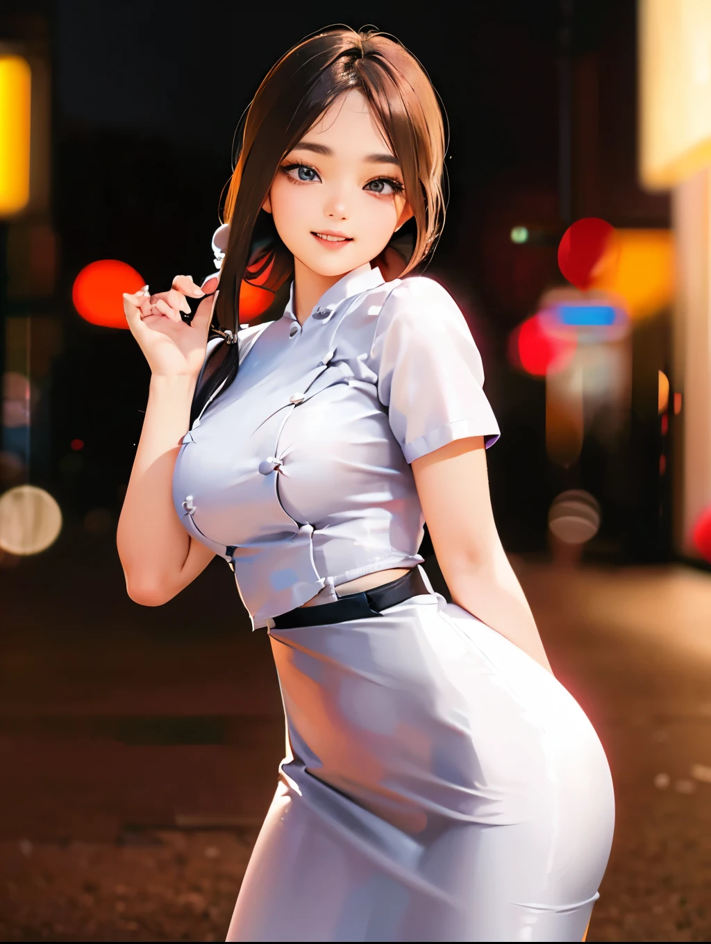 Best quality, masterpiece, ultra high res, (photorealistic:1.4), a beautiful woman, white shirt, medium breast, narrow waist, shiny skin, seductive smile, bokeh 