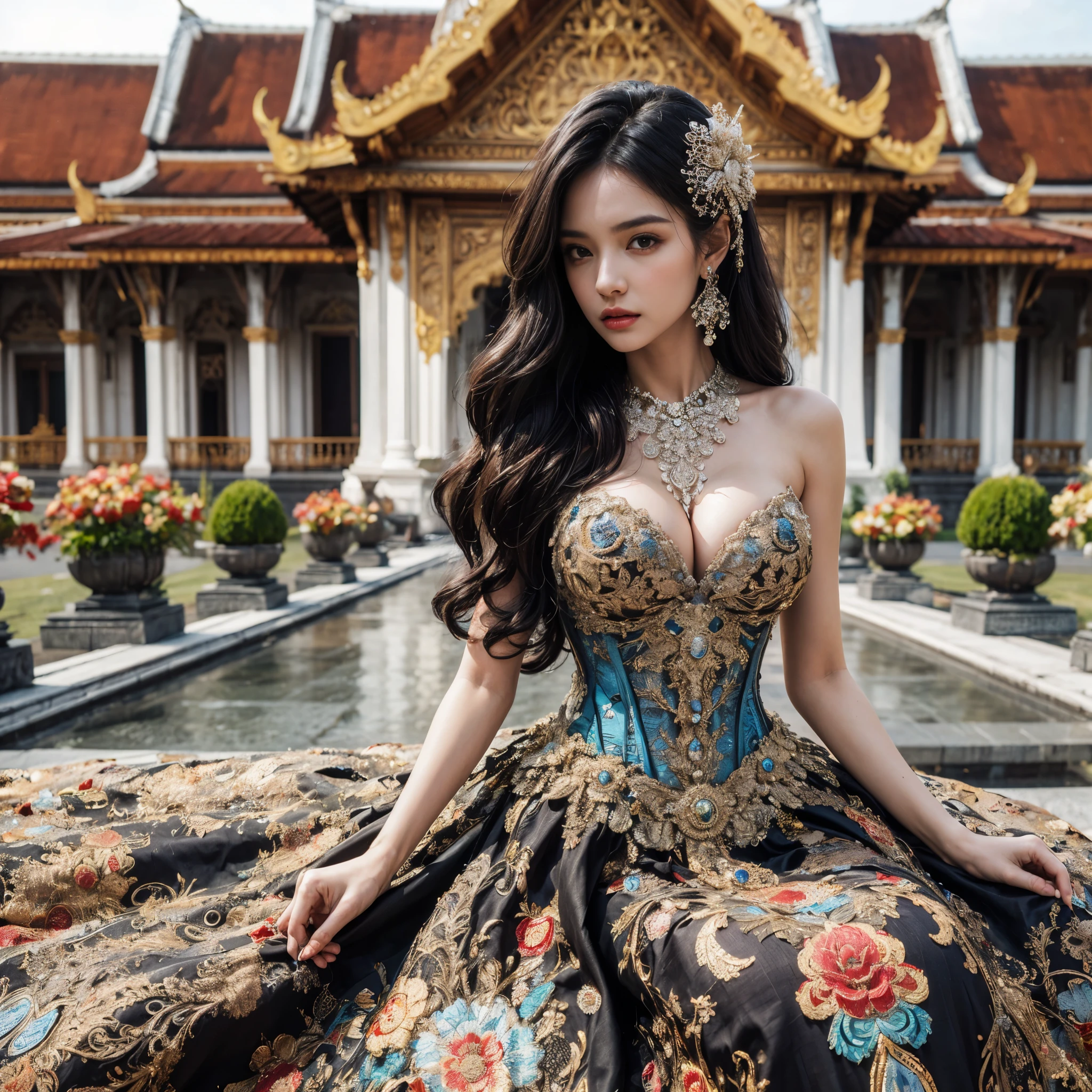 arafed woman with bustier gigantic breast in a corset and dress in front of a building, wearing an ornate outfit, ornate dress, intricate dress, elegant corset, ornate and elegant, extravagant dress, inspired by Hedi Xandt, ornate attire, intricate outfit, ornate royal gown, ornate clothing, ornate gown, intricate and elegant, intricate detailed dress, ornate , royal dress, masterpiece, best quality:1.2),,(8k,highres,RAW photo,realistic,photo-realistic:1.3),(detailed skin texture,detailed cloth texture,beautiful detailed face:1.25),professional lighting,photon mapping,beautiful soft light,radiosity,physically-based rendering,raytracing, model shoot style, model shoot style, (extremely detailed CG unity 8k wallpaper), full shot body photo of the most beautiful artwork in the world,