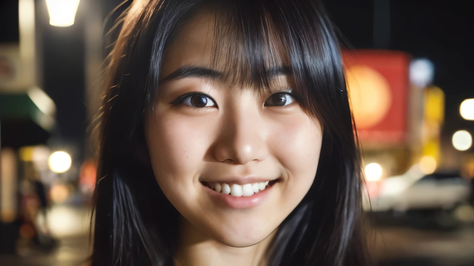(close up, Editorial photo of a 21 year old Japanese girl.), (Highly detailed face:1.4) (smile:0.7) (city street background at night:1.3) throw, By Lee Jeffries, Nikon D850, film stock photos ,4 porta 400 tail ,camera f1.6 lenses ,Various colors ,too realistic ,The textures are realistic.., Incredible light , Movie theater 800,