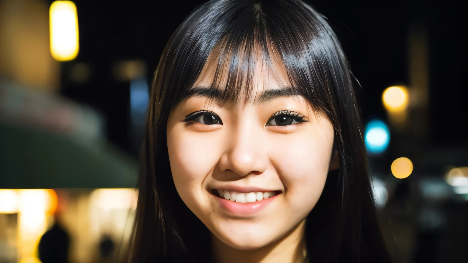 (close up, Editorial photo of a 21 year old Japanese girl.), (Highly detailed face:1.4) (smile:0.7) (city street background at night:1.3) throw, By Lee Jeffries, Nikon D850, film stock photos ,4 porta 400 tail ,camera f1.6 lenses ,Various colors ,too realistic ,The textures are realistic.., Incredible light , Movie theater 800,