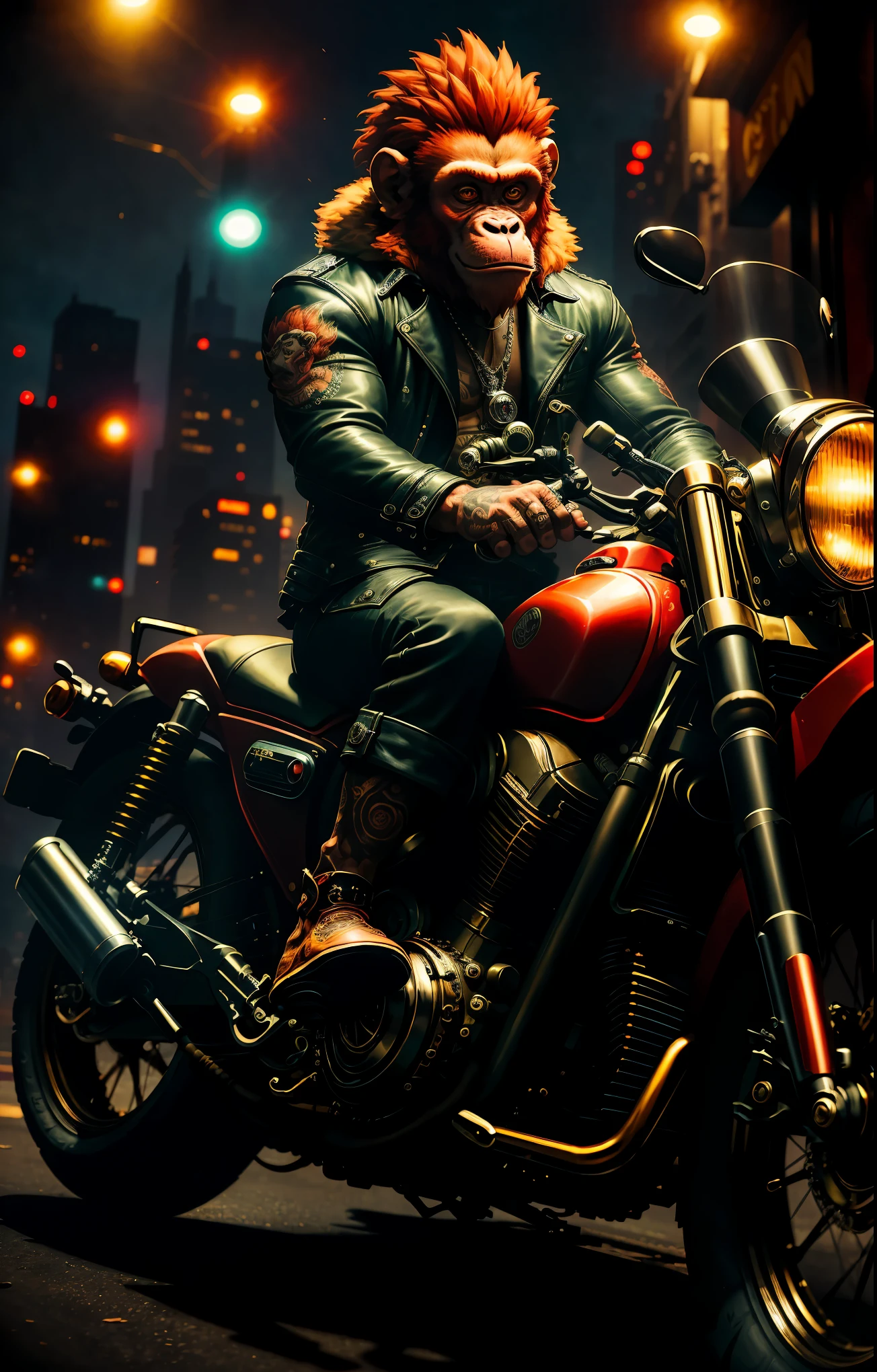Masterpiece, (ultradetailed), (Animal anthropomorphism), gangster theme, monkey, jacket,red hair. riding a motorcycle in dim lighting, tattoos, machine gun, smoke, shadows, corrupt cityscape, highest quality, solo focus, (skimpy:1.04), muscular man, full body, intricate (high detail:1.1) 