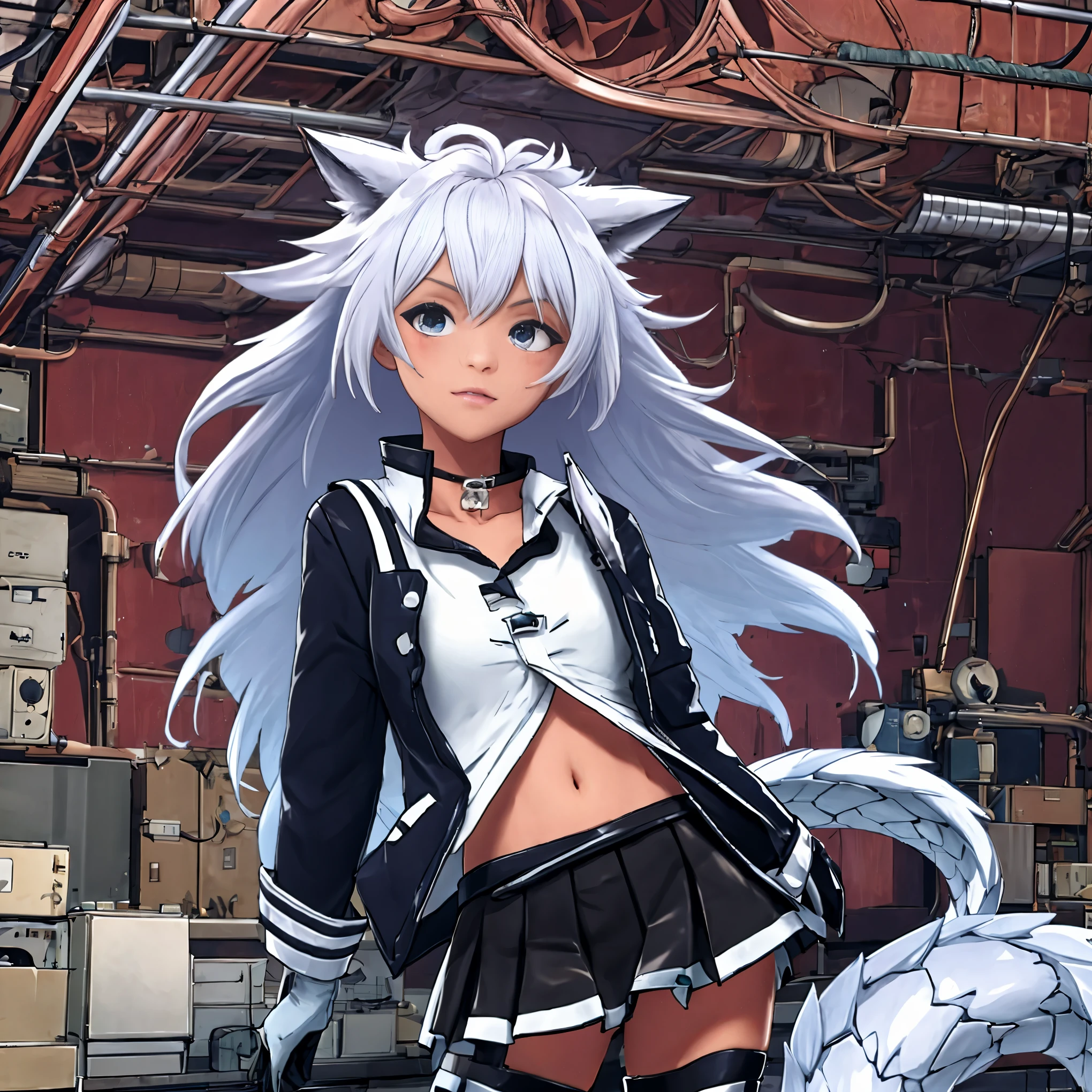 8k, resolution, high quality, high resolution, best quality, extremally detailed, best resolution, absurd resolution, ray tracing, high detailed, masterpiece, extremely detailed,detailed angelic face, shoulder length white hair, female,2 white wolf ears, teenage girl, slim body,white scale dragon tail, military boots,black leggings, navel blue school skirt, sailer shirt, white jacket, medium size chest, detailed blue eyes, detailed beautiful face,solo female,1 dragon tail, detailed eyes, tomboyish, dragon tail, white scales, 2 dragon wings, white fluffy wings