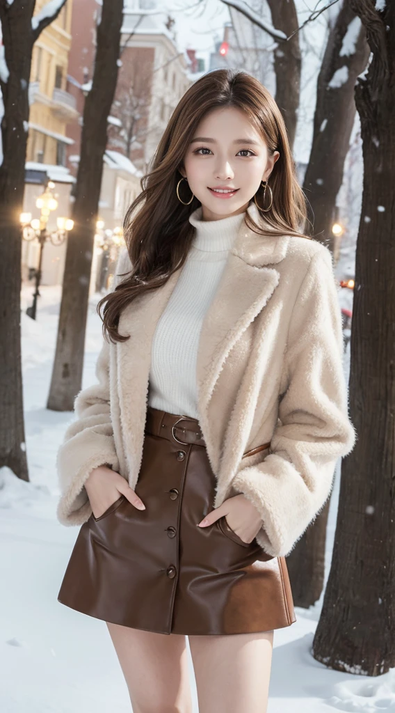 table top, highest quality, realistic, highest quality, finely, professional lighting, High resolution, 8K、surreal, 1 beautiful woman, master works, professional photographer, in a fluffy brown fur coat,, mini skirt, light brown hair, earrings, Model Makeup, facing the front, perfect dynamic composition, beautiful and fine eyes, smile, in the winter park,