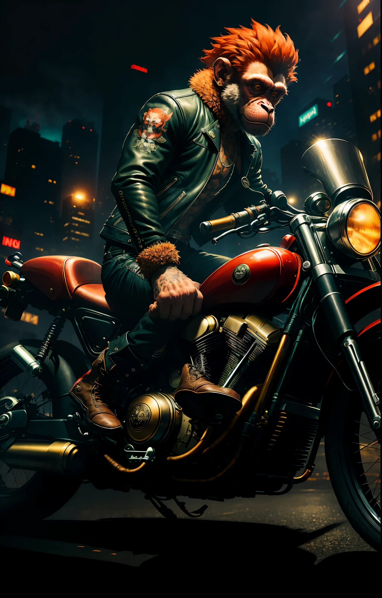 Masterpiece, (ultradetailed), (Animal anthropomorphism), gangster theme, monkey, jacket,red hair. riding a motorcycle in dim lighting, tattoos, machine gun, smoke, shadows, corrupt cityscape, highest quality, solo focus, (skimpy:1.04), muscular man, full body, intricate (high detail:1.1) 