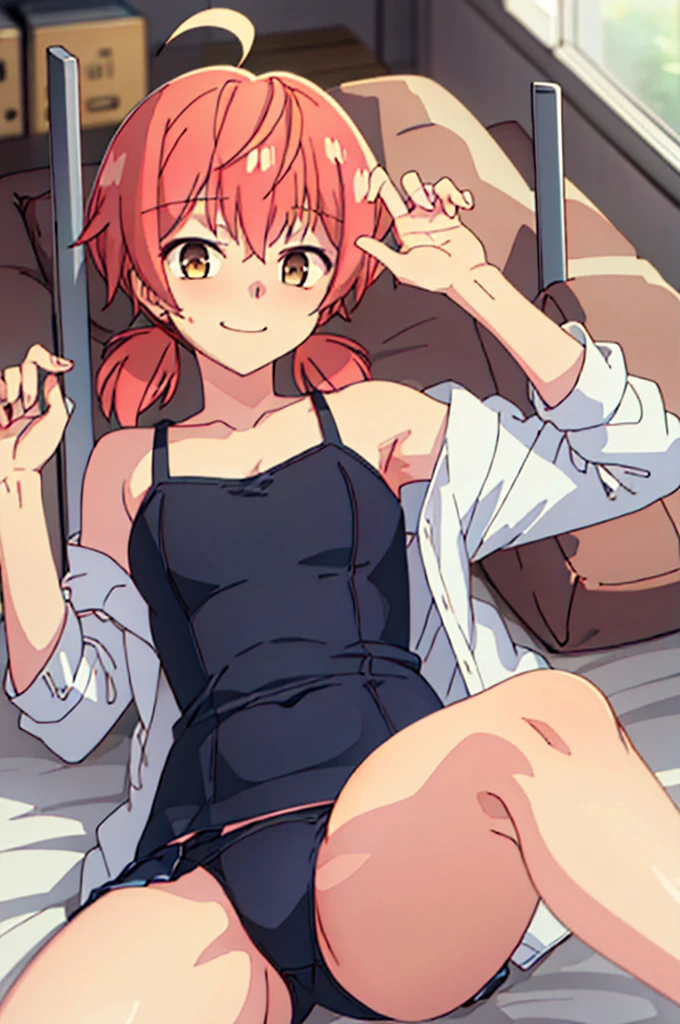 highest quality、muste piece、High resolution、solo、{Koito_excellent_Ekimininaru in yag:1.15}、twin tails、Short_twin tail、Low_twin tail、brown_Eyes、Ahoge、Pink_hair、blush、Bedroom、masterpiece、first-class、perfect lit、by 1girl、BREAK Bedroom、BREAK while looking at the audience seats、Muscle growth、wrapping、sexy pose、Bewitching legs、solo、medium breasts、Light nightgown、transparent underwear、Charming、audience,、smile、solo、Lying down or、(blush:1.2)