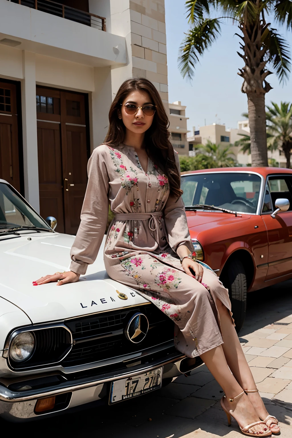 Extreme beautiful face woman, beautiful iranian woman model, beautiful arab woman, photography, photo of a beautiful woman, wearing pakistani shalwar qameez, complete dress, floral dress, sunglasses, maya ali sorceress, maya ali wind sorcerer, masterpiece, high resolution, much realistic, as d&d mage, much realistic, deep smile, silky hair color, long dress, shalwar qameez, ear blush, makeup, expressionless eyes, attractive nails, long nails, stylish nails, slim nose, glassglow smile, innocent, light brown hair, colored eyelashes, 8k, stylish, stylish pose, innocent, realistic, full body, at dubai, stylish sexy look, modern dress, floral background, pakistani flag behind, pakistani flag in hand, much realistic