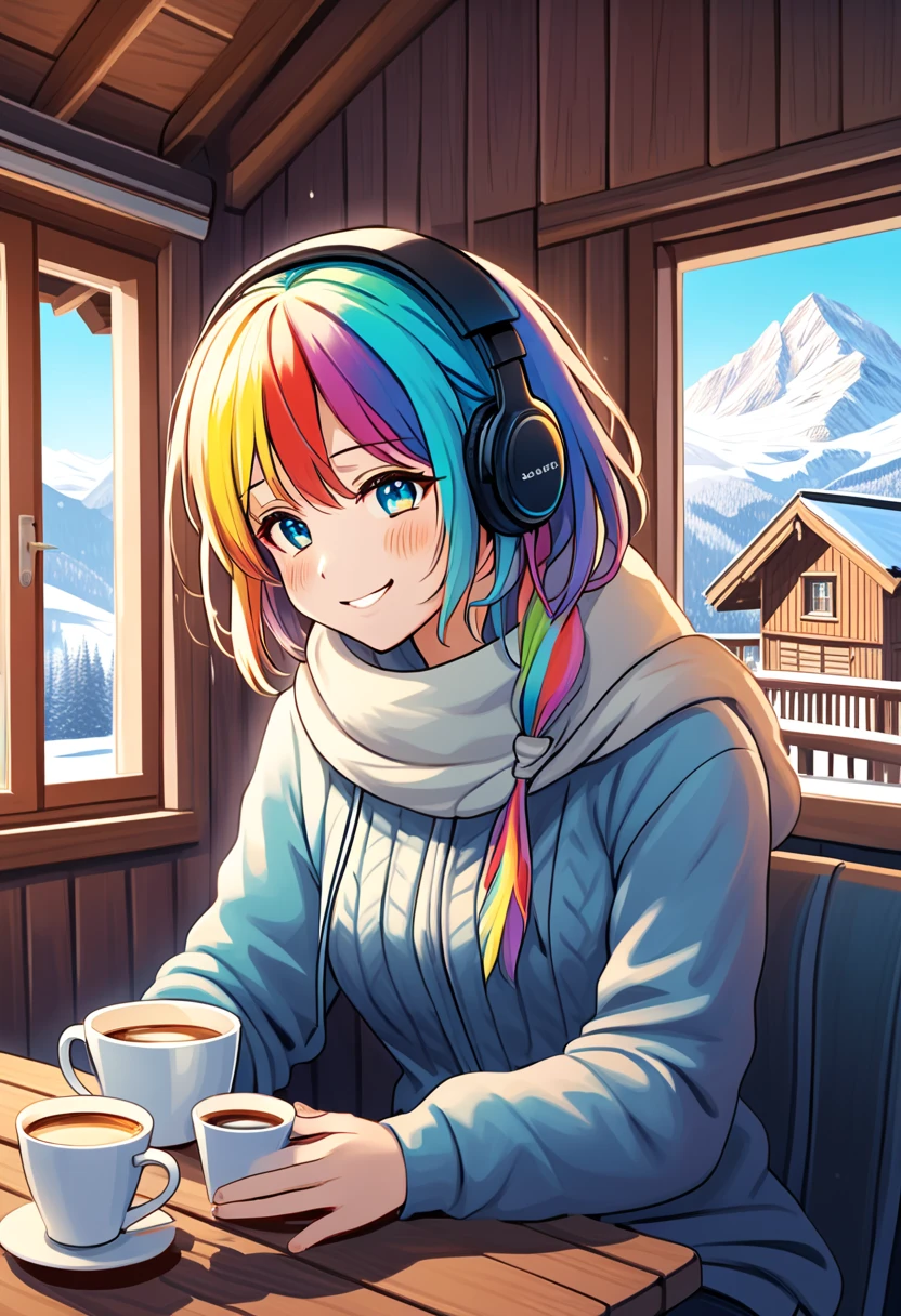 A young woman with tied-up colored hair and eyes resembling a rainbow, listening to calm music on headphones, with a happy and confy smile, holding a cup of coffee, dressed in cold weather clothing, in a chalet at the base of a mountain. An image that inspires calmness, tranquility, lightness, simplicity, and comfort.