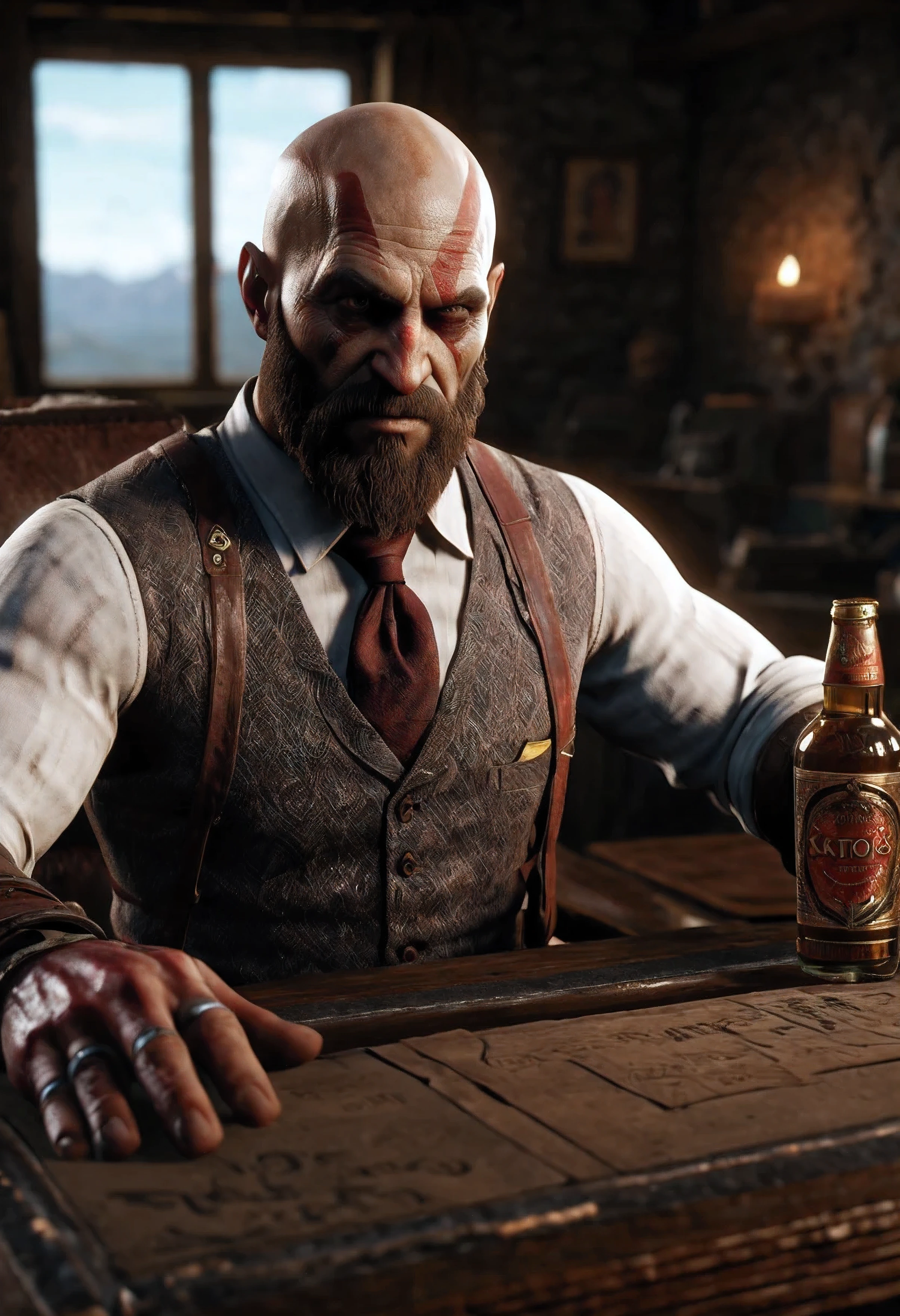 there is a man sitting at a desk with a bottle of alcohol, Kratos wearing button-up shirt and tie, 2020 video game screenshot, high detail iconic character, created in unreal engine 5,  kratos, detailed cinematic render, god of war, ultra detailed game art, rendered in unreal engine 5, unreal engine character art, render in unreal engine 5