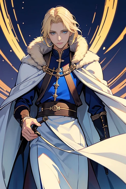 blonde blue eyes、long mink cloak、male、20s、Princely、beautiful、