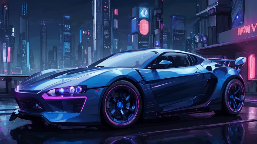 (sports car), (blue cyberpunk, night city, blue neon)