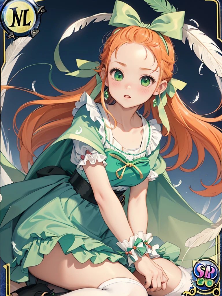 photo realistic, (masterpiece,best quality:1.4),(8k,raw photo,photo realistic:1.2),Not Safe for Work, detailed skin,detailed face,1girl,princess, cute face, super resolution,retro realistic details Illustration,,{{{elaborate,intricately,fantastic,delicately,tremendous,meticulous,minute,incredibly,obsessed,artisan's,subtle,virtuoso,skillful,vibrant, vivid, complex}}}, clearly focus edge, fresh natural gradation, best quality, amazing quality, very aesthetic, absurdres,
pubisure,
(((Green dirndl))), (((Kyudo, playing the bow))), mini frilled skirt, (((Forehead raise))), (frilled panties), serious expression, ((hairband)), ((Long hair)), ((light orange hair)), straight hair, shimmering eyes, Green eyes, , 12 yo, , cute, (((cape))), ((Blue the Bow)), Puffy Sleeves, shortsleeves, ((green bow ribbon)), (White frilled apron), flat chest, beautiful hands, neck ribbon, wrist cuffs, arm garter, baby face, twinkle in the eye, (((frilled overknee socks))),(((high tops))), ((ankle boots)), Heart necklace, ring, masterpiece, top-quality, not safe for work,
yumekawa,yumekawaii, pastel color,(wonderland:1.3),imagination, ((tornado)), ((feathers)), (((Fluttering feathers))), Wind, (Multicolored lights), (((trading card))),