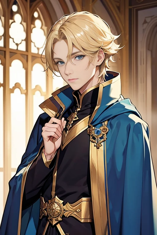 blonde blue eyes、Luxurious cloak、male、20s、Princely、beautiful、