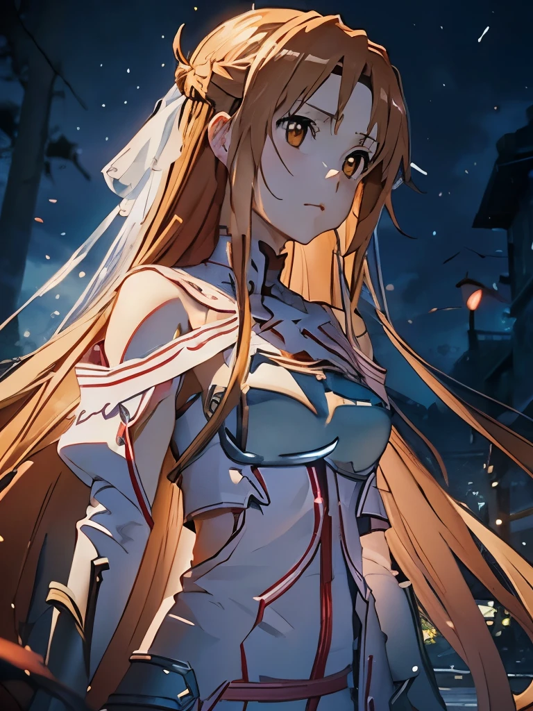 ((masterpiece)), ((best quality)), ((ultra detailed)), 4K, 8K, highres, abyss, a girl, yuri, (((Asuna, SAO))), serious look, fighting, looking at viewer, looking ahead, undone clothing, with a sword, Epic Battle Scene, dark fantasy, anime, 2d anime, concept art, cowboy shot, from front, from below, darkness, depth of field