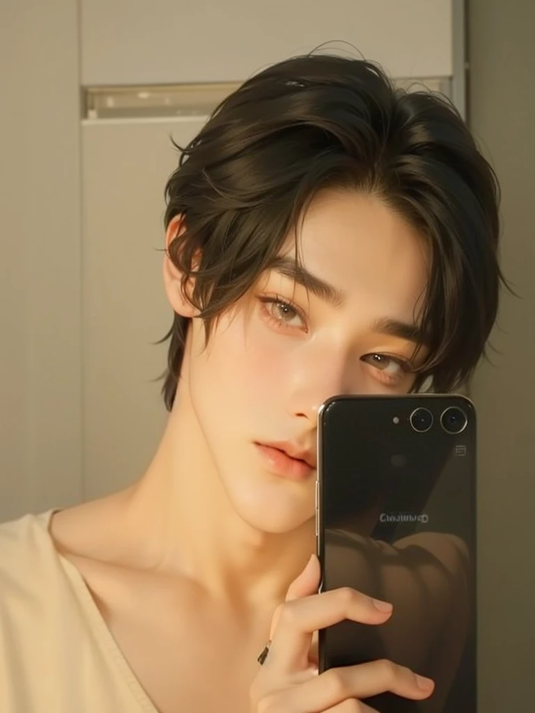 arafed man taking a selfie in a mirror with a cell phone, 1 7 - - old thin face, cai xukun, jinyoung shin, 18 years old, 8k selfie photograph, jung jaehyun, yanjun chengt, 2 2 years old, hyung tae, 21 years old, south korean male, 2 3 years old, Korean boy, Enhypen, Enhypen Sunghoon