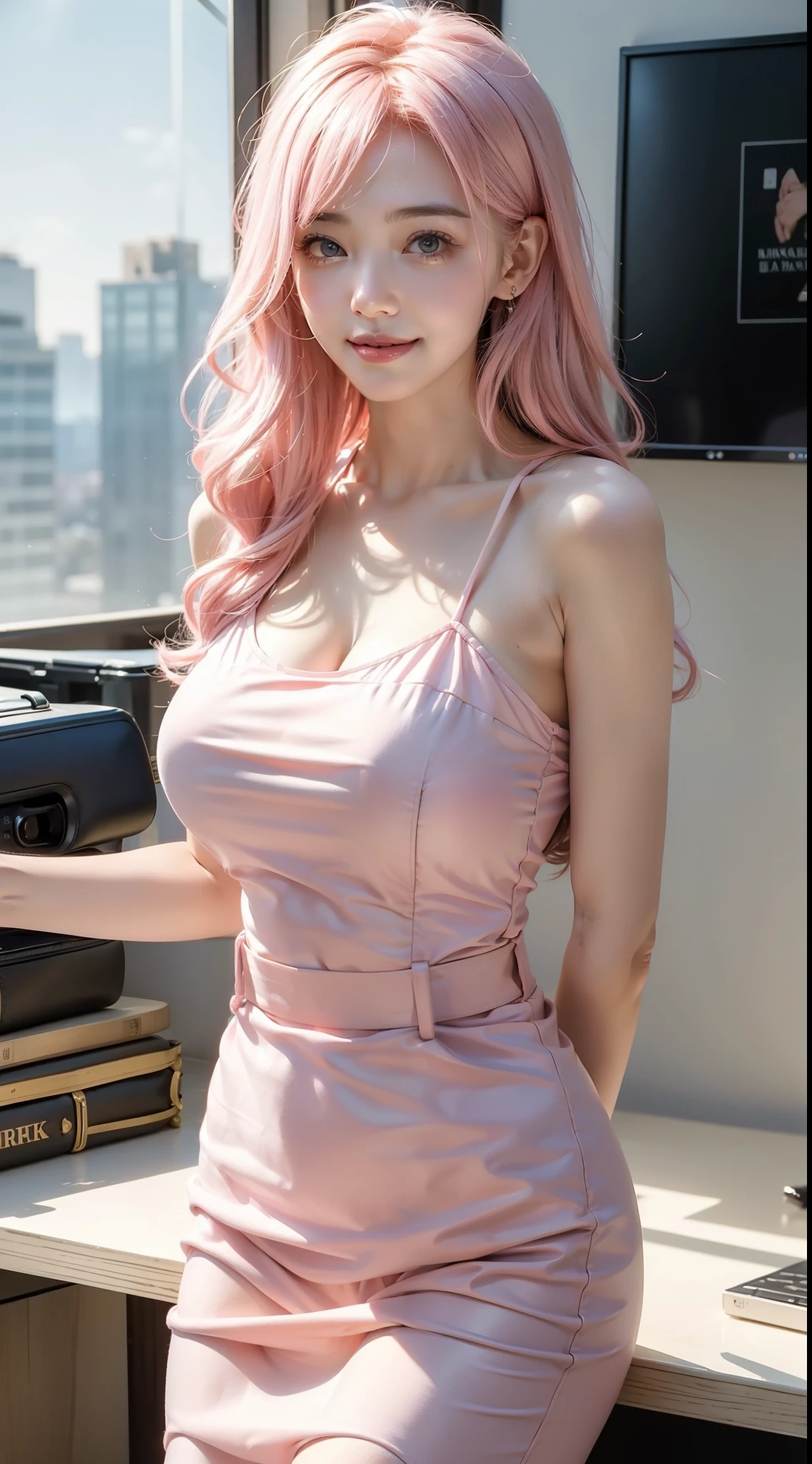 ((masterpiece, best)),(1girl),((mature woman)), light pink hair, dizzy, trumpet, ((office lady)), bangs, mid-chest, (full), slim, smiling, [wide hips] , office, standing, aru \(blue archive\),