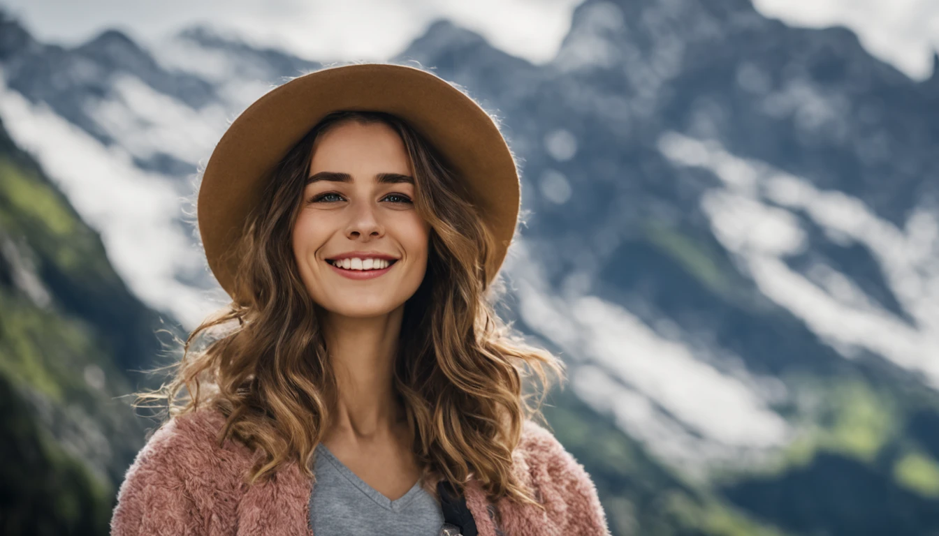 8ก, best quality, Masterpiece, realistic, Special details, photo-realistic, increased quality, Photograph of a young woman standing in Grindelwald, In a colorful style, bash photos, Happy faces, wavy edge, beauty of nature, Close-up photo