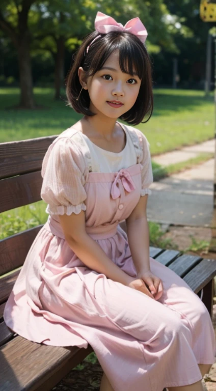 Burmese cute lady,Round face,short,chubby, brown-skinned,small breasts,black bob hair with little bang wear ribbon bow,wearing white long dress many pink ribbon bows,short sleeves,black shoes, sitting on the long wooden bench from the park ...(8k),(uhd),(high quality photos output),(ultra-realistic),(flim photography).She is so happy.not sexy
