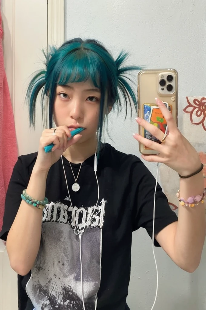 arafed girl con pelo azul brushing her teeth in front of a mirror, pelo turquesa, vibraciones de anime, con pelo azul, with long pelo turquesa, e-chica, and - girl, Cabello verde azulado, inspirado en anime, con ropa verde azulado, anime girl with Cabello verde azulado, mikudayo, girl con pelo azul, peinado azul
