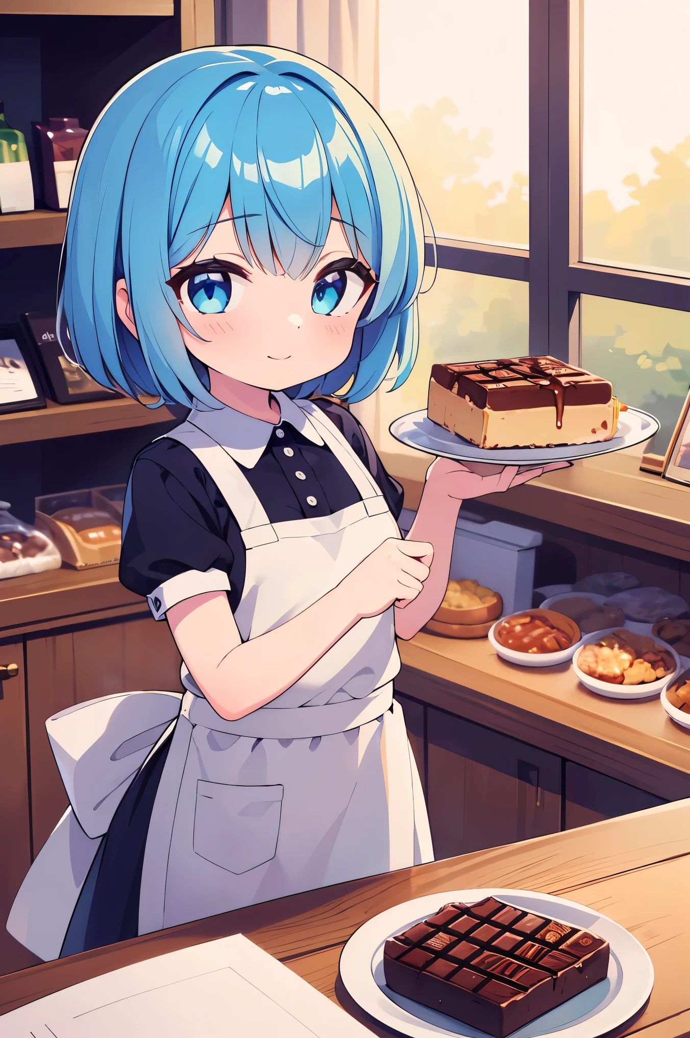 ((masterpiece, best quality, absurdres, highres, ultra detailed, high resolution, very fine 8KCG wallpapers)), 1 girl, solo, short hair, cyan hair, blue eyes, bangs, light smile, apron, looking at viewer, chocolate specialty shop, many types of chocolate are lined up behind the counter table, chocolaterie, on the counter table is a plate with very high quality chocolates for sampling, the interior of the shop has an elegant and calm atmosphere,