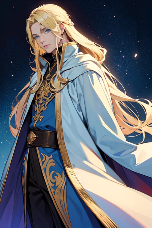 blonde blue eyes、long hair、Luxurious cloak、male、20s、Princely、beautiful、