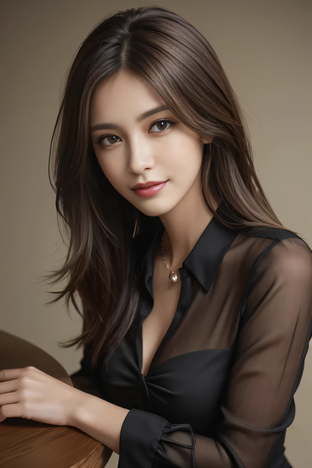 table top, highest quality, realistic, Super detailed, finely, High resolution, 8k wallpaper, 1 beautiful woman,, light brown messy hair, He is wearing a black see-through dress shirt with an open collar., sharp focus, perfect dynamic composition, beautiful and detailed eyes, thin hair, Detailed realistic skin texture, smile, close-up portrait, model body shape