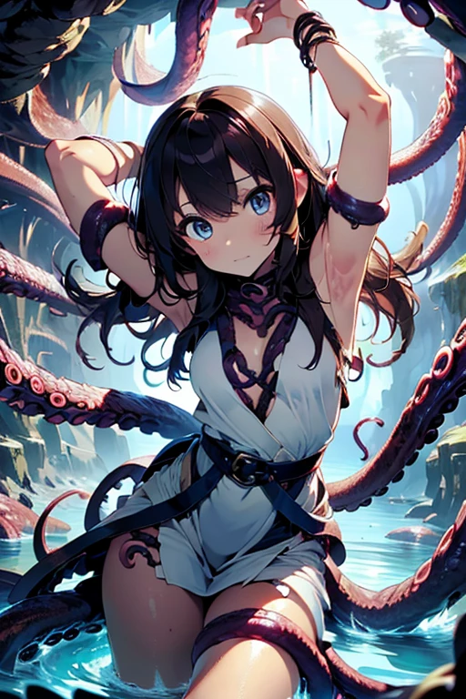 ((masterpiece)), ((best quality)), (ultra-detailed),(in the cave),(monster),(((many tentacles wrap arotnd the body))),a cute girl, 1girl, solo, (white girly dress),((many tentacles bound arms)), ((thin waist)),large breast, slim, slender,beautiful brown hair, beautiful blue eyes, (beautiful eyes), long hair,troubled expressio