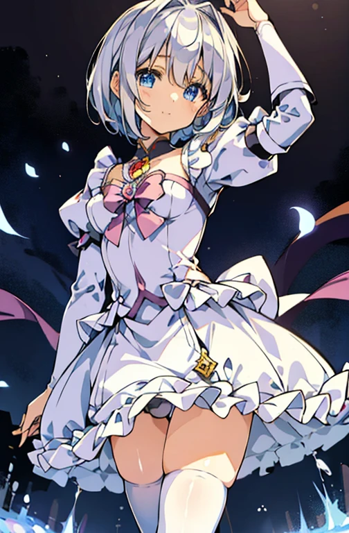((highest quality))、((８K))、((High resolution))、((masterpiece、Super detailed))、一人little girl、（height 140ｃｍlittle girl）、((Looking at the camera from the front))、((photo from the knees up))、((standing))、beautiful and delicate blue eyes、beautiful smooth silver hair、Fluffy short hair、gentle and adorable big eyes、smile、((Perfect and beautiful fingertips))、A  wearing a silver magical girl costume、flat chest、(white stockings)
