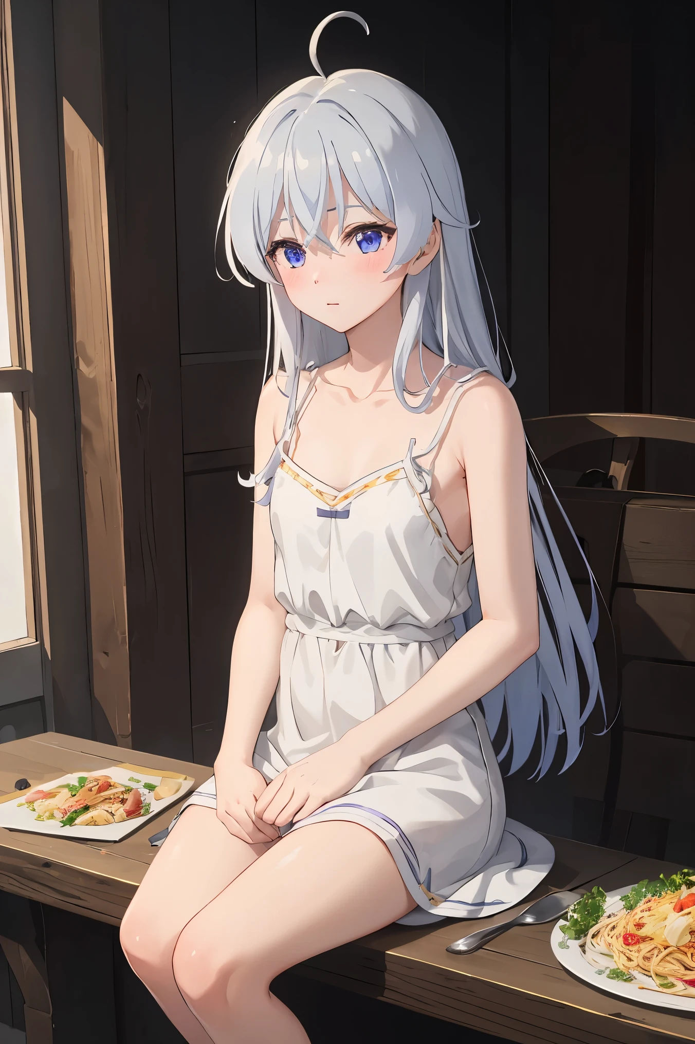 ph elaina, Eoutfit1, elaina (majo no tabitabi), (masterpiece:1.6, best quality), solo, long hair, ahoge, hair between eyes, collarbone, blue eyes, bangs, white hair, sleeveless, bare shoulders, shiny hair, camisole, spaghetti strap, white shirt, purple eyes, shiny, sleeveless shirt, blush, very long hair, sidelocks, sleeveless dress, dress, sitting