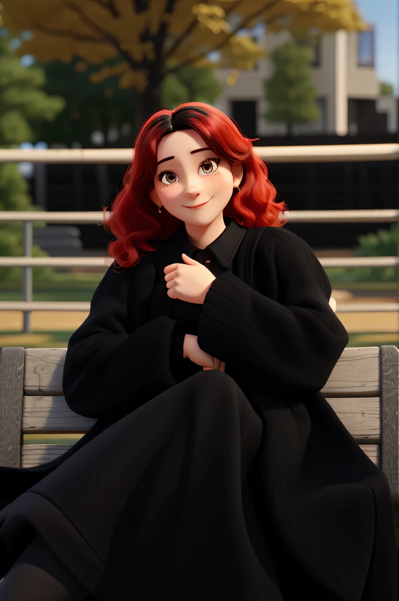 Mulher caucasiana com cabelo preto e vestido vermelho sorrindo olhando para frente em um parque com dia ensolarado